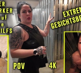 RISKANTER BLOWJOB im Keller für den JUNGEN HANDWERKER / Heftige Gesichtsbesamung für die LATEX MILF!