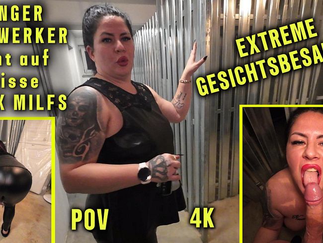 RISKANTER BLOWJOB im Keller für den JUNGEN HANDWERKER / Heftige Gesichtsbesamung für die LATEX MILF!